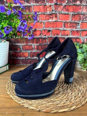 Lela Rose Payless T Strap Pumps 8.5 Navy Platform Block Heel Retro Preppy